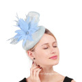 Small Light Blue Pillbox Fascinator With Sinamay Panel And Feather Flower For Wedding Church Party